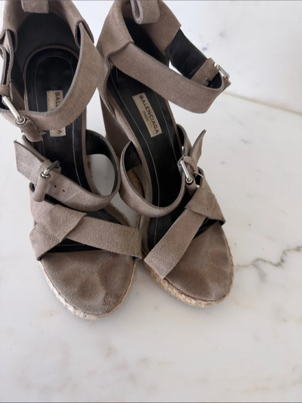Balenciaga Taupe Suede Espadrille Wedge Sandals